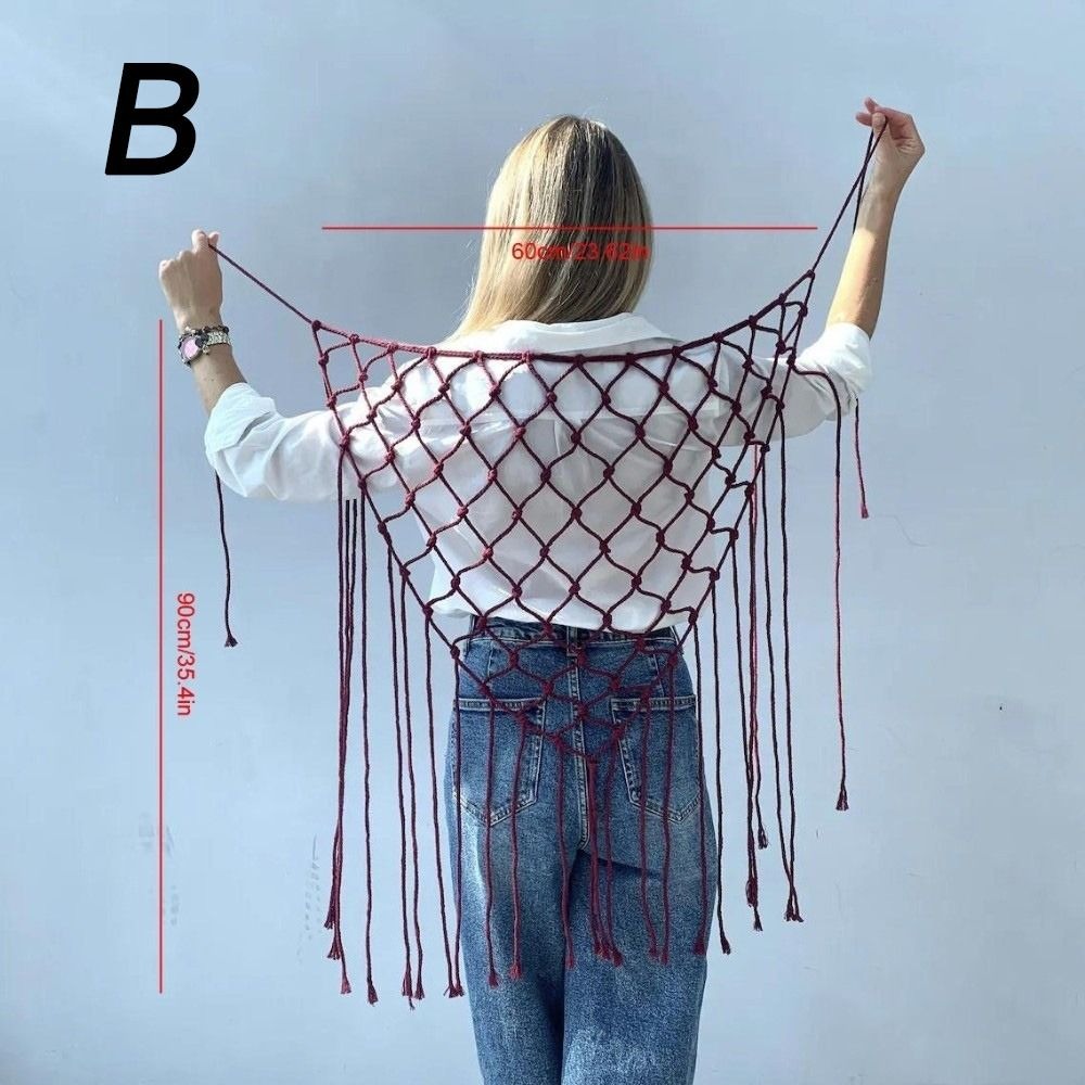 Ethnic Fashion Design - Bohemski szal z siateczkowymi frędzlami, ozdobny